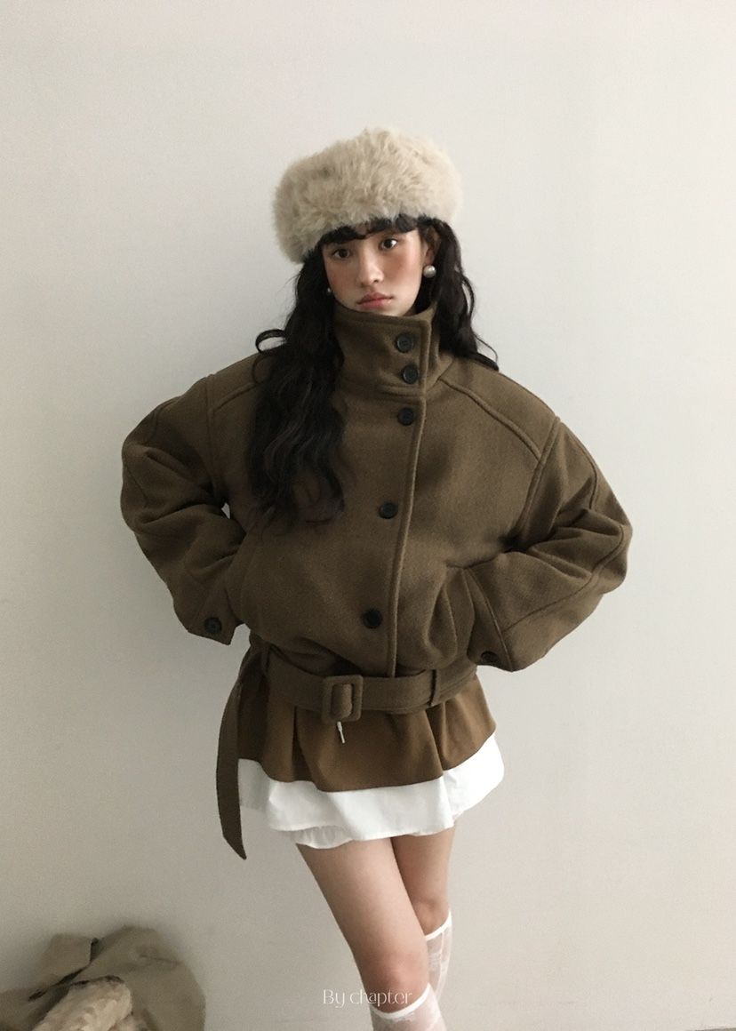 BY CHAPTER東大門㊣直郵女士新款熱賣休閑25秋冬短款大衣腰帶BY Chapter短款大衣