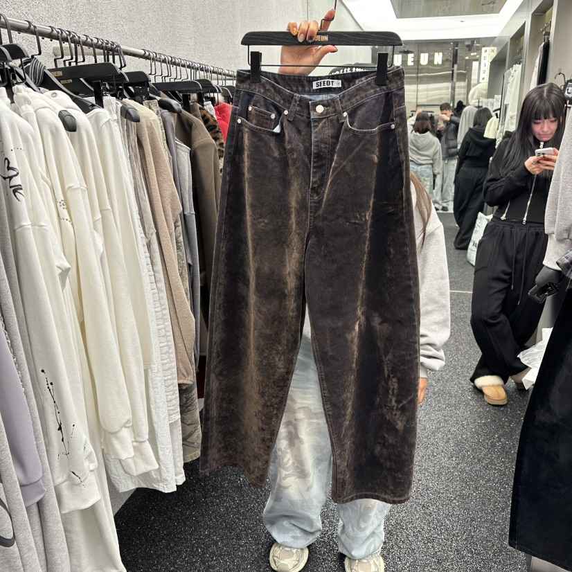 NUEUN東大門㊣實拍女裝新款職業人氣推薦時尚休閑牛仔褲絲絨NUEUN/SEEOT牛仔褲