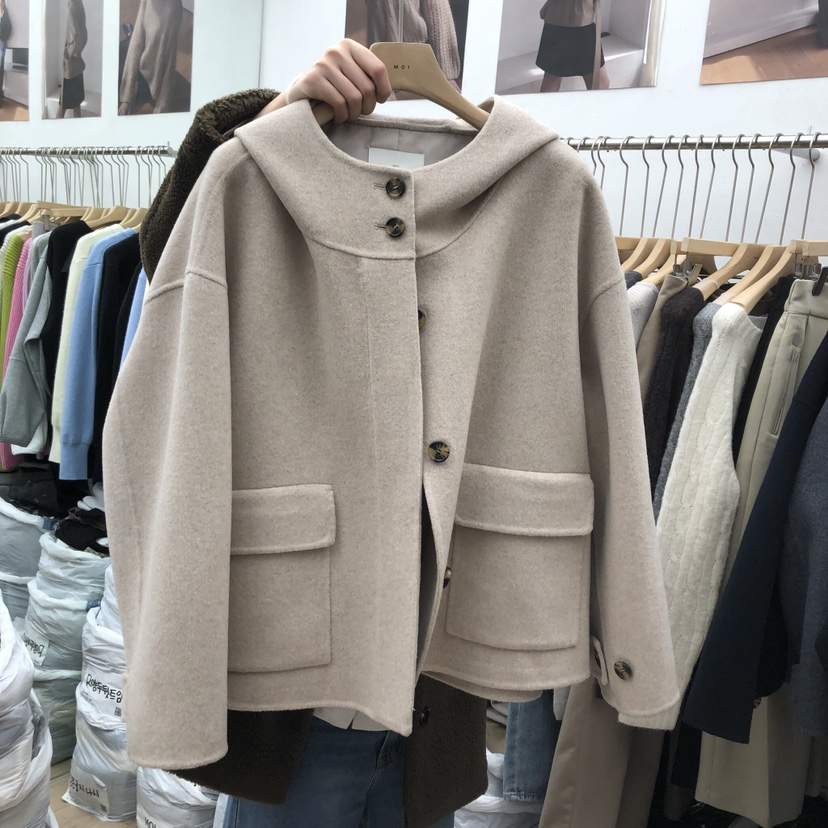 MOI-A韓國代購㊣女士新品休閑熱賣推薦時尚人氣短款大衣兜帽MOI-A短款大衣