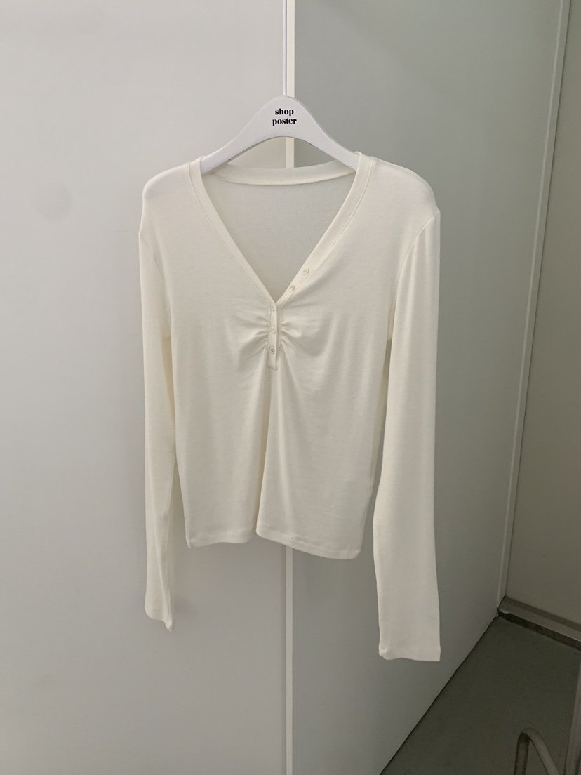 SHOP POSTER韓國代購㊣女裝新款人氣職業熱賣長袖T恤紐扣羅紋SHOP_POSTER長袖T恤