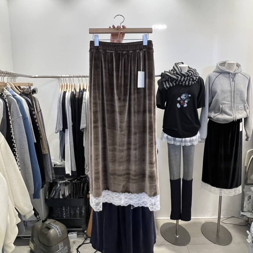 TAN&amp;COMO韓國直郵㊣女士新款25秋冬半身裙中短裙天鵝絨tan-COMO半身裙/中短裙