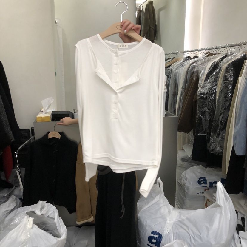 TAKE YOUE TIME韓國代購㊣女裝新品25秋冬長袖T恤假兩件紐扣TAKE YOUE TIME長袖T恤