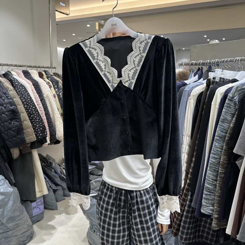 BENE東大門㊣實拍女裝新款推薦休閑職業襯衫蕾絲衫天鵝絨蕾絲BENE襯衫/蕾絲衫