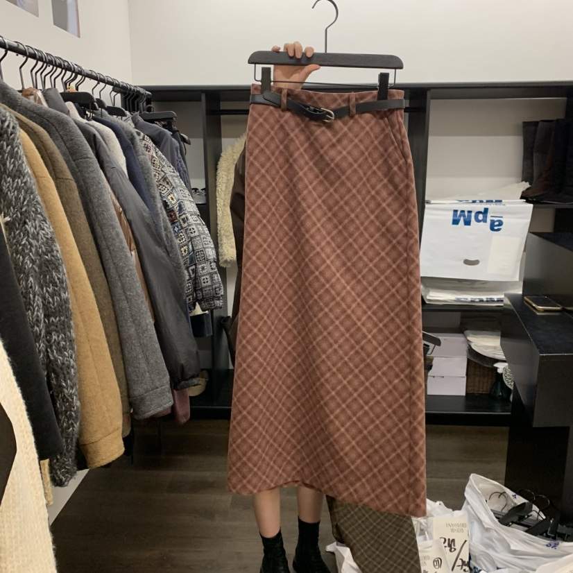 UNANSWERED-MYSTERY東大門㊣代購女裝新款職業長裙含腰帶格紋UNANSWERED-MYSTERY長裙