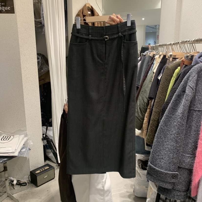 SSEMIENNE韓國代購㊣女士新品熱賣半身裙中短裙含腰繩腰帶條紋SSENIQUE半身裙/中短裙