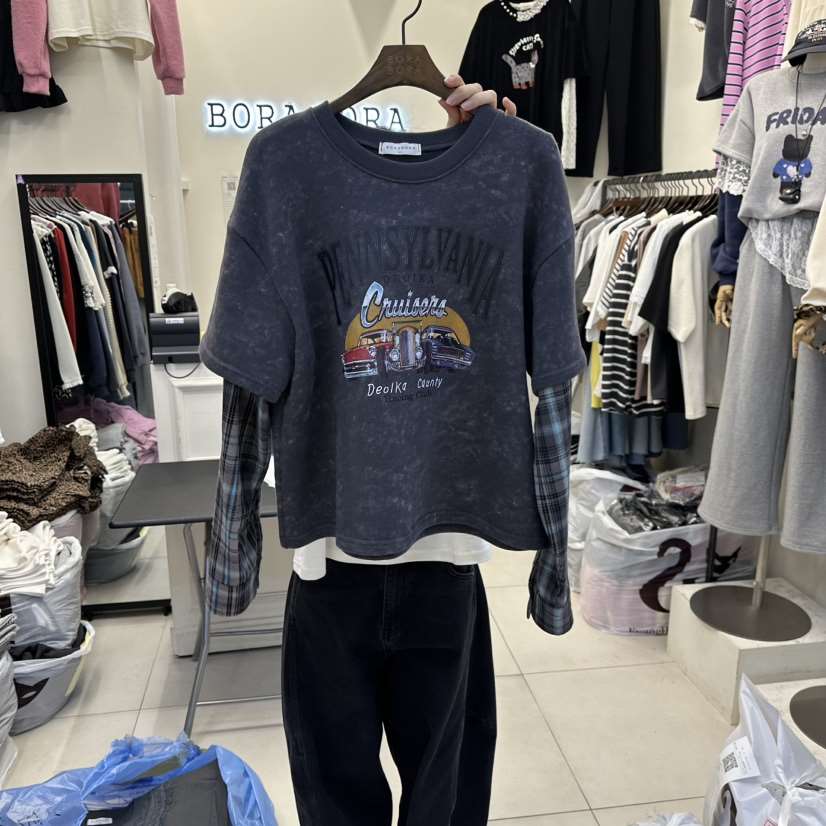 BORA BORA韓國直郵㊣女士新品人氣休閑推薦真品長袖T恤假兩件BORA BORA長袖T恤