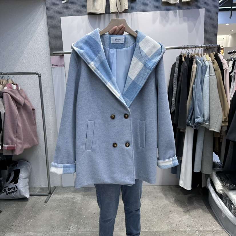 BLOOM東大門㊣實拍女士新款25秋冬休閑人氣短款大衣連帽衫格子BLOOM-Q短款大衣