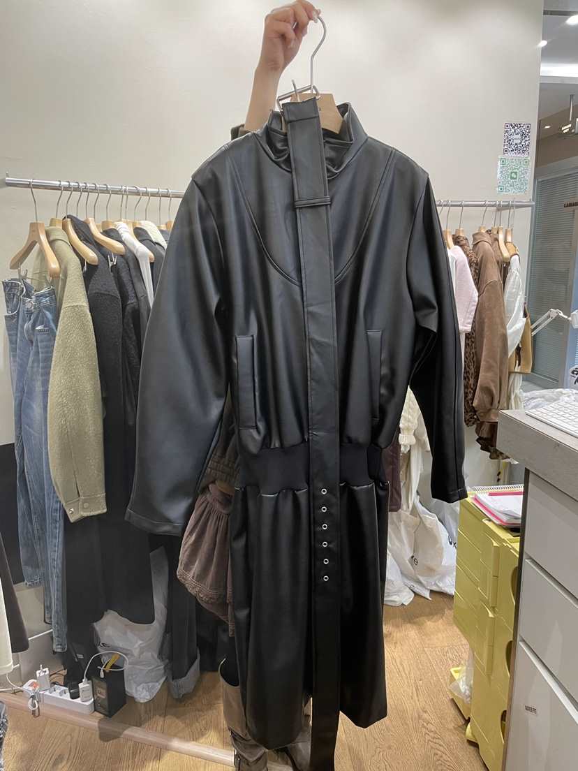 AUVERFIT韓國代購㊣女裝新品職業時尚熱賣長款風衣含腰帶皮革AUVERFIT長款風衣