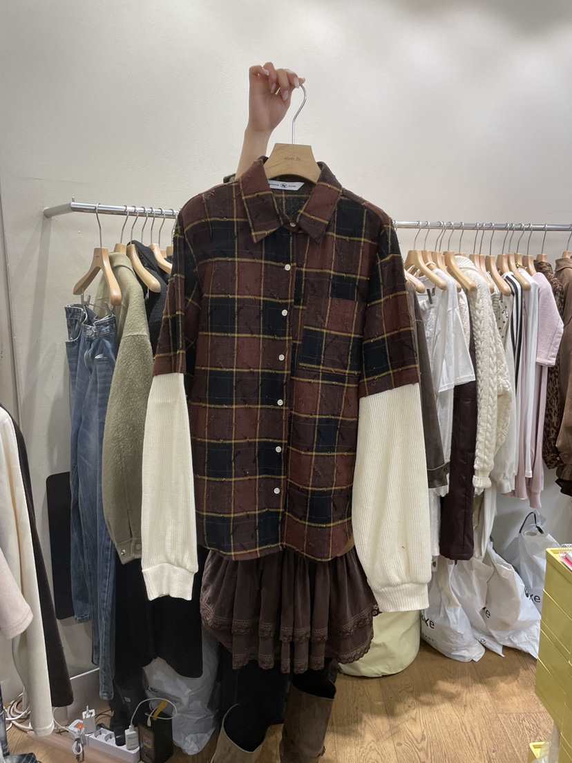 AUVERFIT東大門㊣代購女士新款職業襯衫蕾絲衫假兩件華夫格格紋AUVERFIT襯衫/蕾絲衫