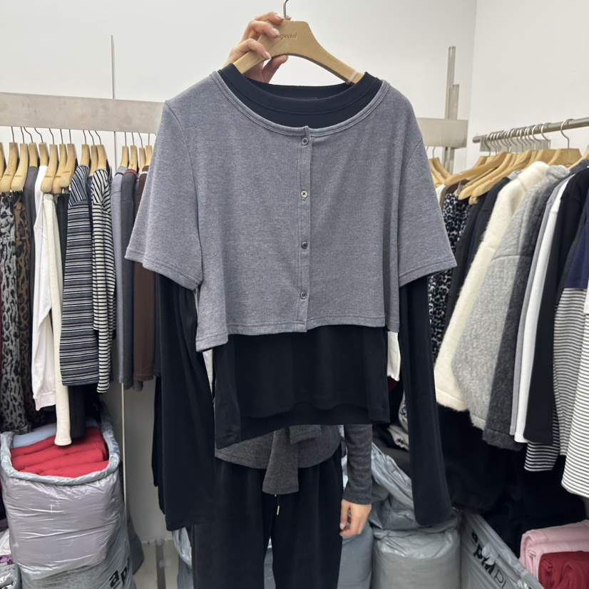 SPECIAL東大門㊣直郵女裝新品職業25秋冬長袖T恤假兩件開衫SPECIAL長袖T恤