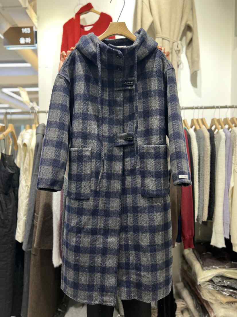 OLA韓國直郵㊣女裝新款時尚熱賣真品中長款大衣連帽衫羊毛格子mellor/OLA中長款大衣