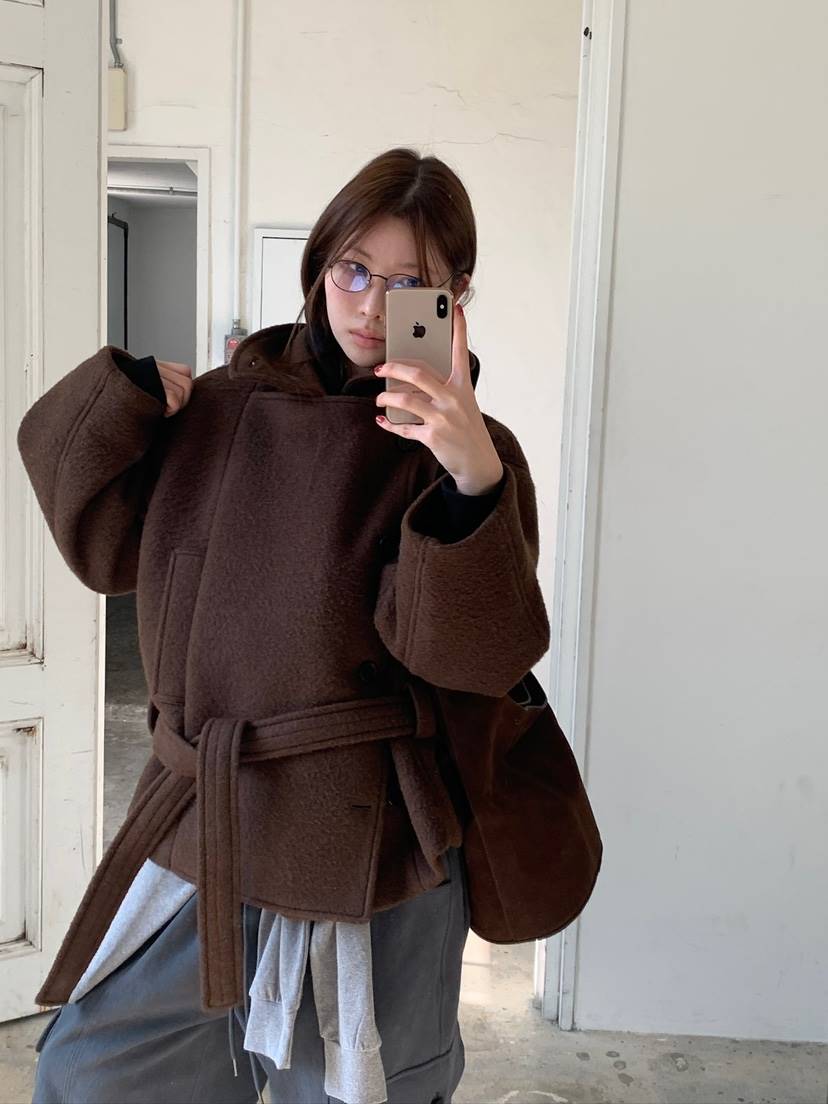 UNBOUND韓國代購㊣女士新款時尚熱賣推薦職業短款大衣含腰帶UNBOUND短款大衣