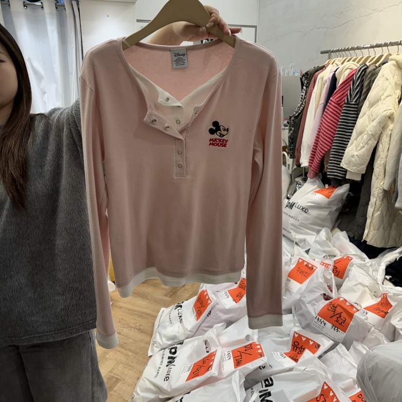 DE LINE韓國直郵㊣女士新款時尚人氣推薦職業真品長袖T恤紐扣DE LINE長袖T恤