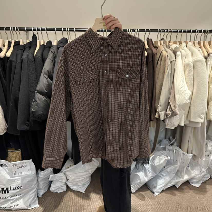 LE BUTTER東大門㊣實拍女裝新款25秋冬襯衫蕾絲衫口袋格子LE BUTTER襯衫/蕾絲衫