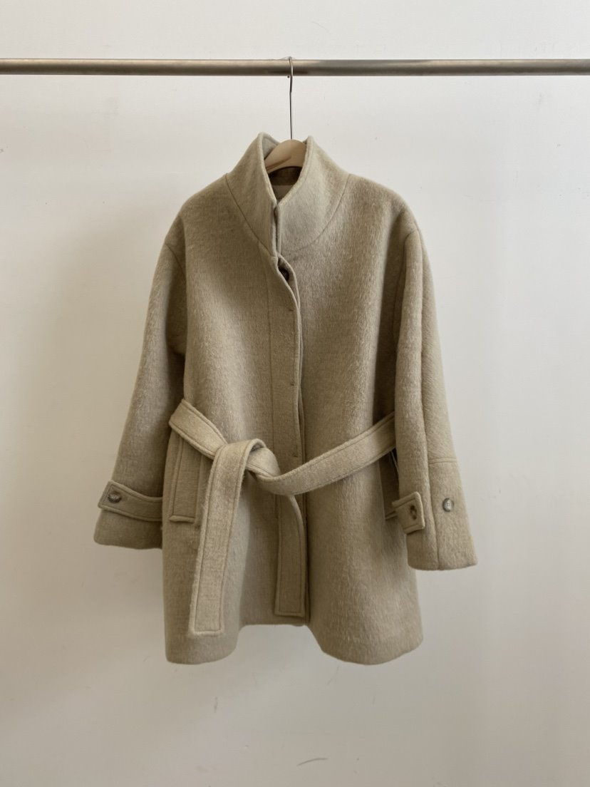 COCOMATON韓國代購㊣女士新品時尚熱賣休閑短款大衣含腰帶羊駝COCOMATON短款大衣