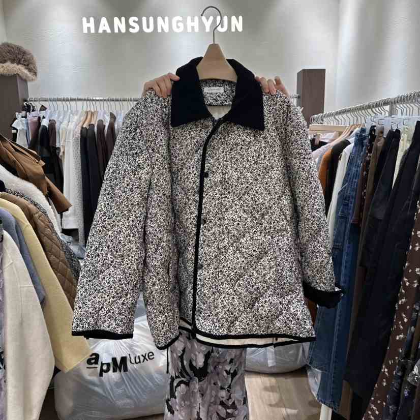 HANSUNGHYUN東大門㊣實拍女裝新品休閑短款羽絨服花朵寬松鵝絨HANSUNGHYUN短款羽絨服