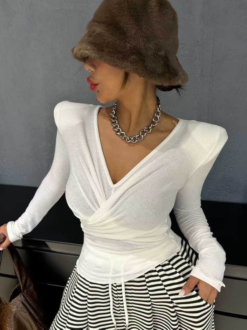 BLACK BABI東大門㊣直郵女士新款休閑時尚長袖T恤修身褶皺BLACK BABI長袖T恤