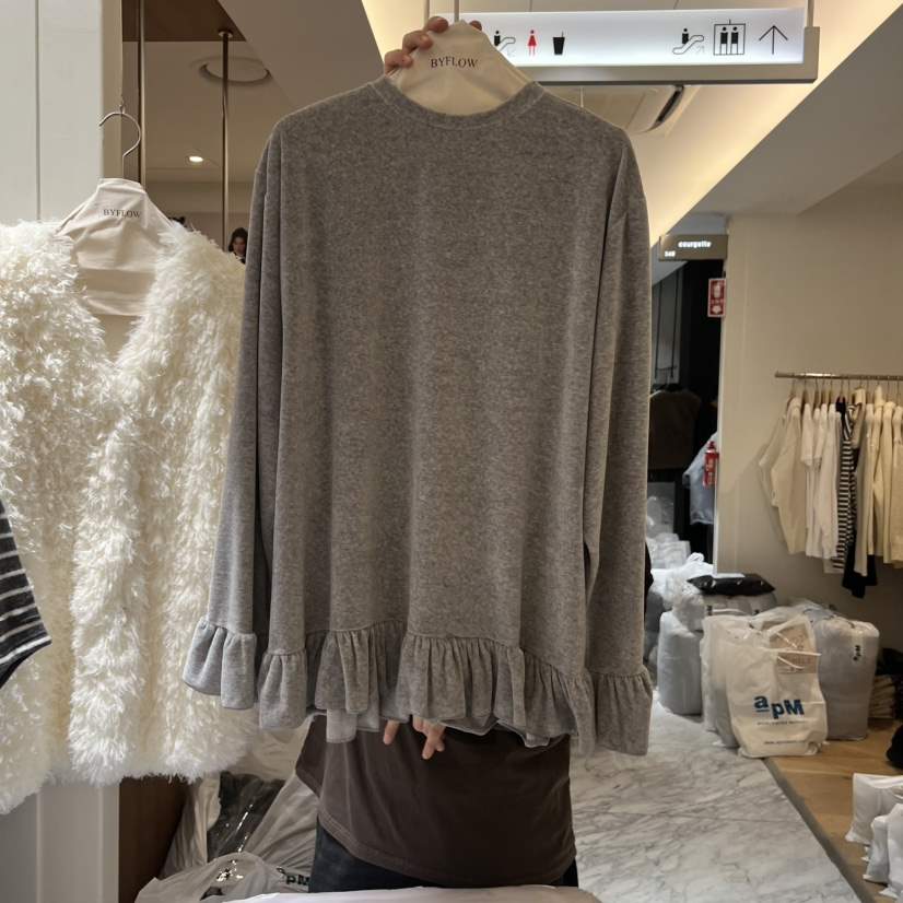 BY FLOW東大門㊣直郵女士新品職業推薦長袖T恤天鵝絨荷葉邊BY FLOW長袖T恤