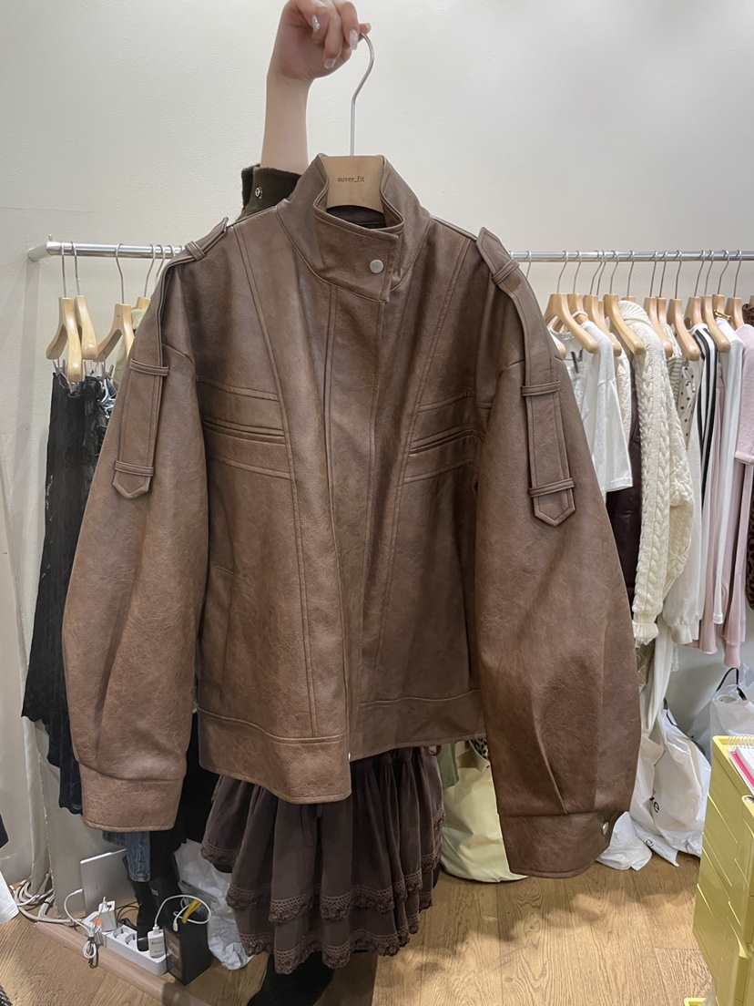 AUVERFIT東大門㊣直郵女裝新款休閑熱賣25秋冬夾克皮革羅紋AUVERFIT夾克