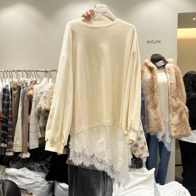 BY FLOW韓國直郵㊣女裝新品熱賣時尚人氣職業長袖T恤蕾絲緞面BY FLOW長袖T恤