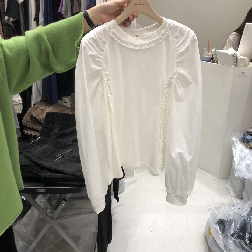 FRE韓國直郵㊣女士新品休閑熱賣時尚襯衫蕾絲衫安哥拉羊毛褶皺FRE襯衫/蕾絲衫