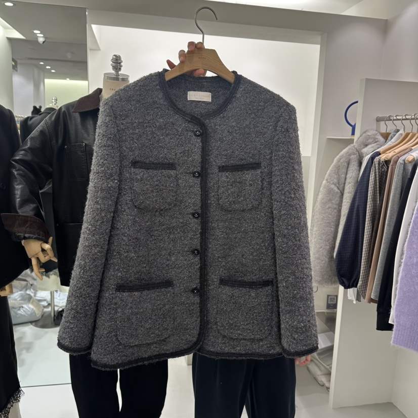 AHOY韓國代購㊣女裝新款職業真品25秋冬熱賣短款大衣粗花呢AHOY短款大衣