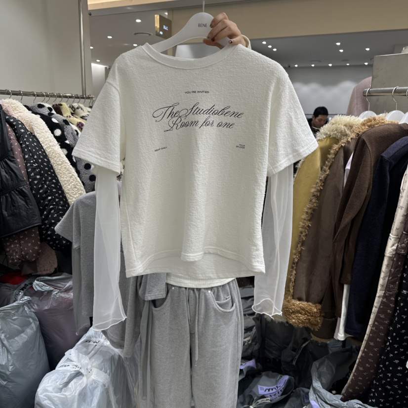 BENE韓國代購㊣女士新款熱賣25秋冬真品時尚休閑長袖T恤假兩件BENE長袖T恤