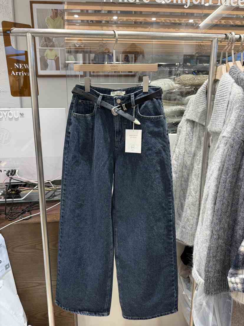 DE GO YOU東大門㊣實拍女士新品休閑牛仔褲不含腰帶闊腿褲羊毛拉絨DE GO YOU牛仔褲