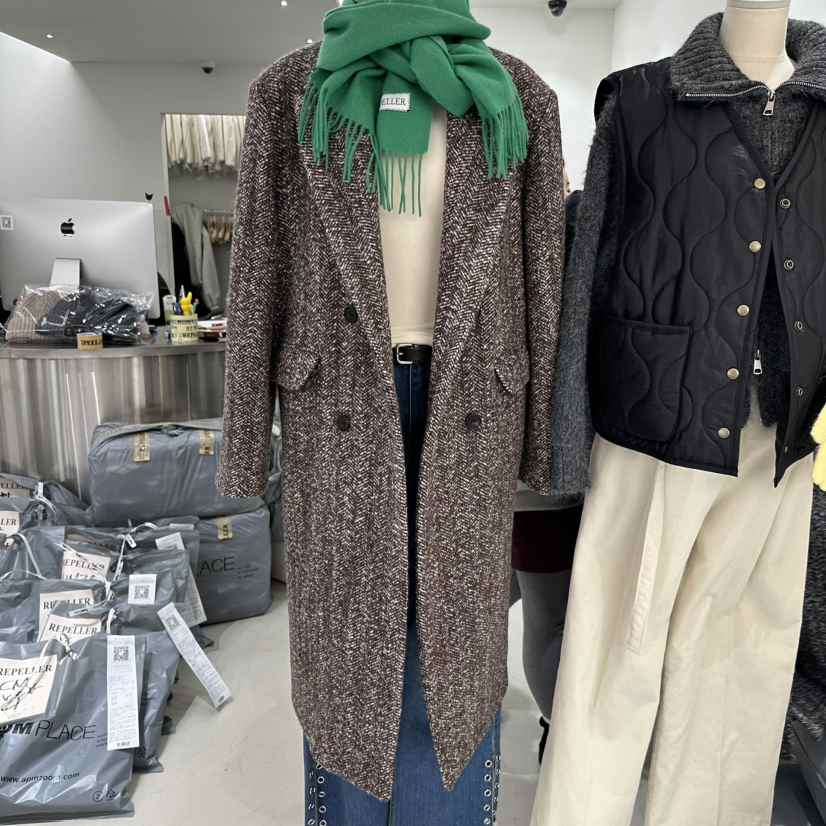 REPELLER韓國代購㊣女士新款職業熱賣中長款大衣人字紋長款REPELLER中長款大衣