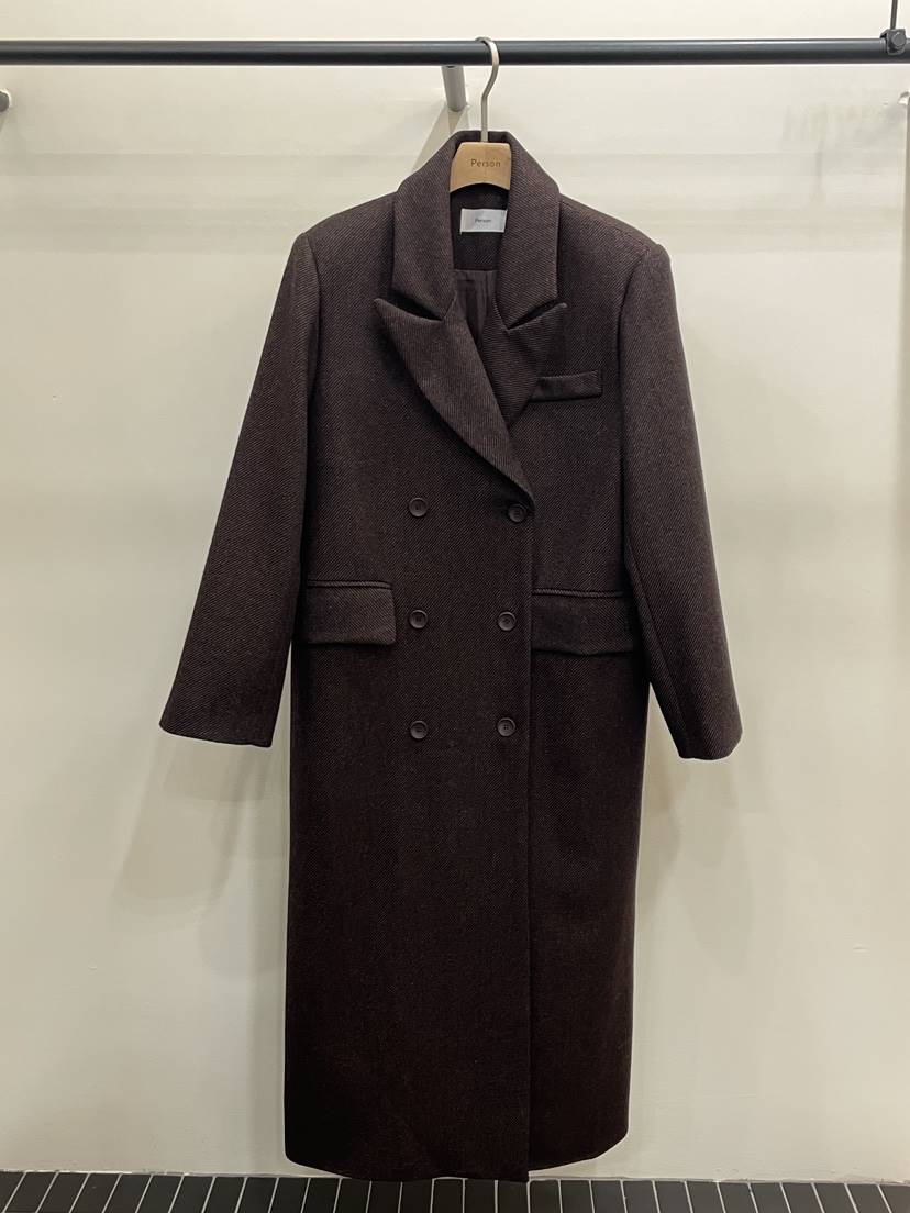 PERSON東大門㊣代購女士新款時尚推薦中長款大衣人字紋羊毛PERSON中長款大衣