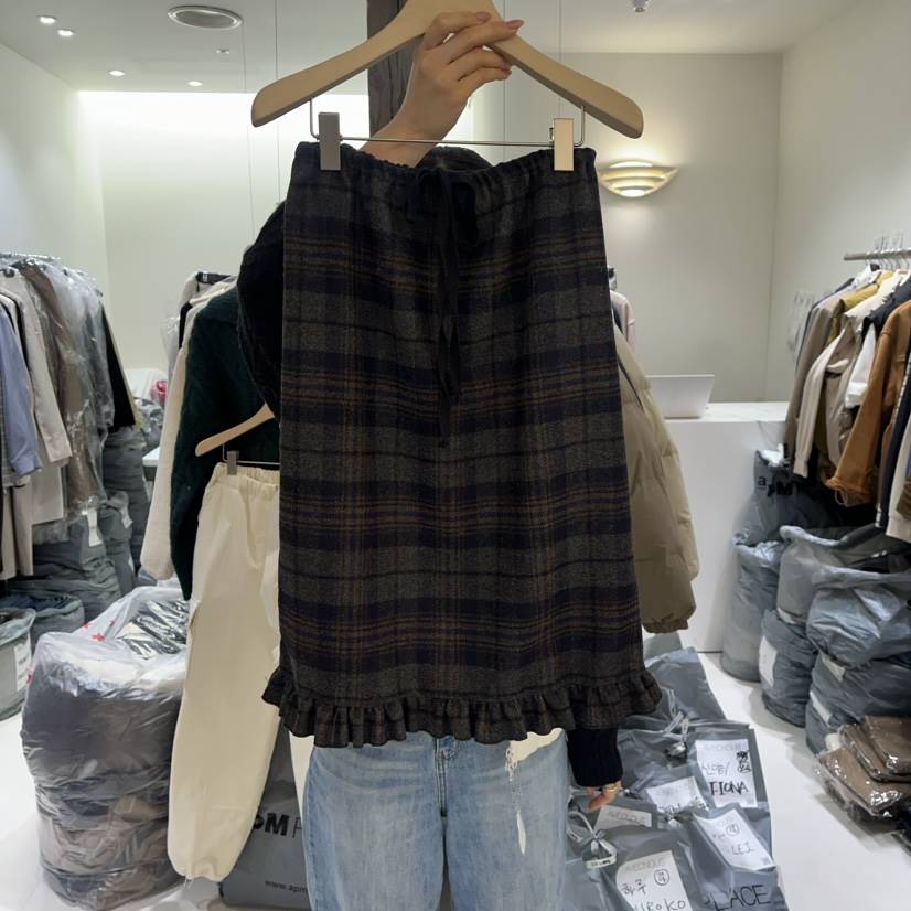 AVECNOUS東大門㊣代購女士新品休閑人氣職業時尚長裙羊毛格子AVECNOUS長裙