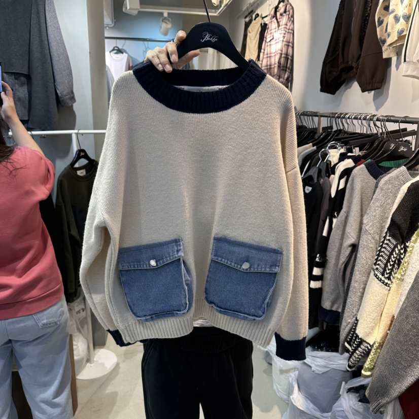 BAKHA-衣服韓國代購㊣女士新款人氣25秋冬時尚職業針織衫口袋BAKHA針織衫