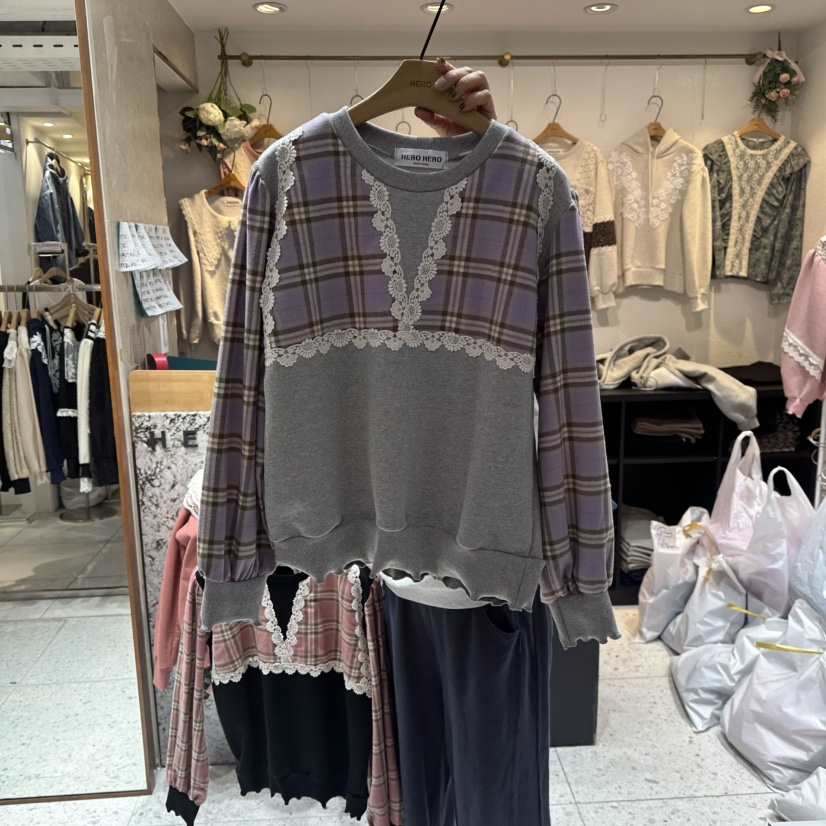 HERO韓國代購㊣女裝新款時尚職業25秋冬真品熱賣長袖T恤格子HERO長袖T恤