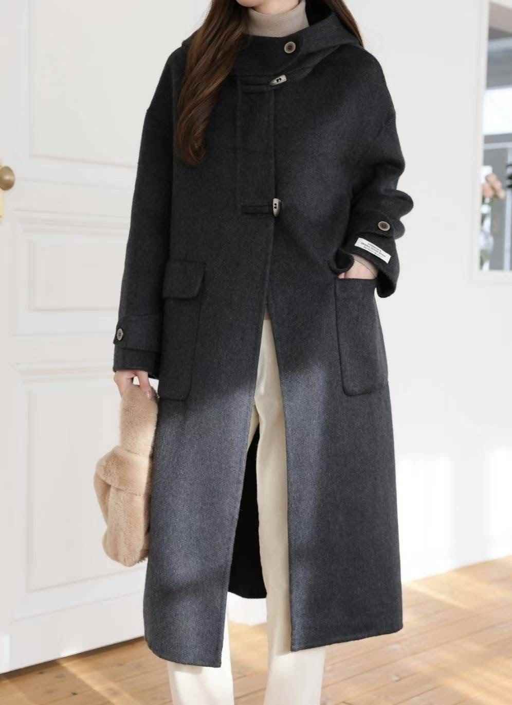 MU 뮤-T東大門㊣代購女裝新款人氣中長款大衣手工羊毛連帽MU 뮤-T中長款大衣