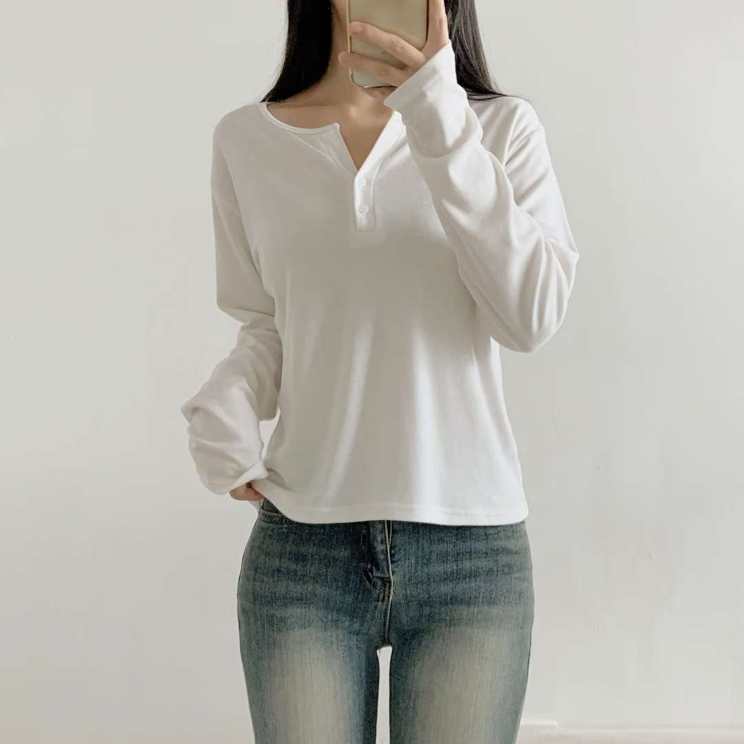 WOO SUNG東大門㊣代購女裝新品熱賣職業人氣長袖T恤抓絨紐扣WOO SUNG長袖T恤