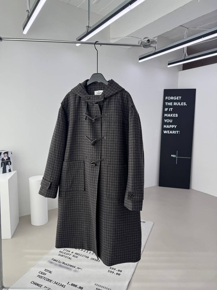 RED-A東大門㊣直郵女裝新款時尚休閑人氣中長款大衣格子連帽RED-A中長款大衣