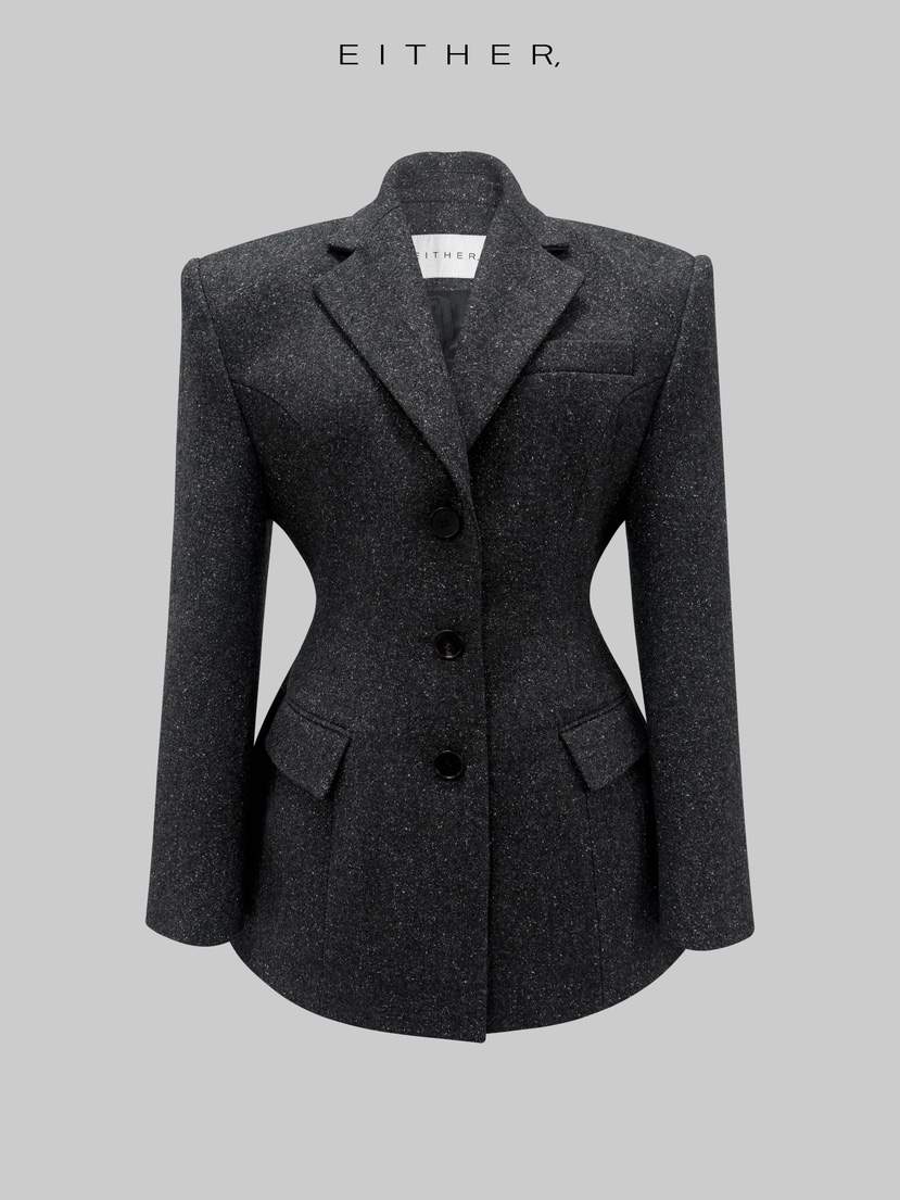 EITHER韓國代購㊣女士新款熱賣職業人氣推薦夾克粗花呢修身EITHER夾克