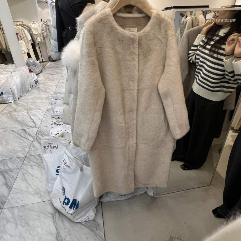 AFTERGLOW韓國代購㊣女裝新品人氣25秋冬真品中長款大衣貂皮AFTERGLOW中長款大衣