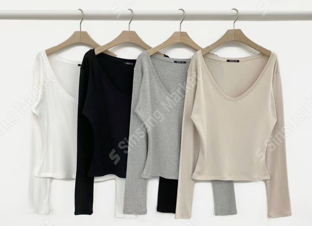 OZBRIDGE 오즈브릿지韓國代購㊣女裝新品熱賣長袖T恤莫代爾V領修身棉質寬松OZBRIDGE 오즈브릿지長袖T恤