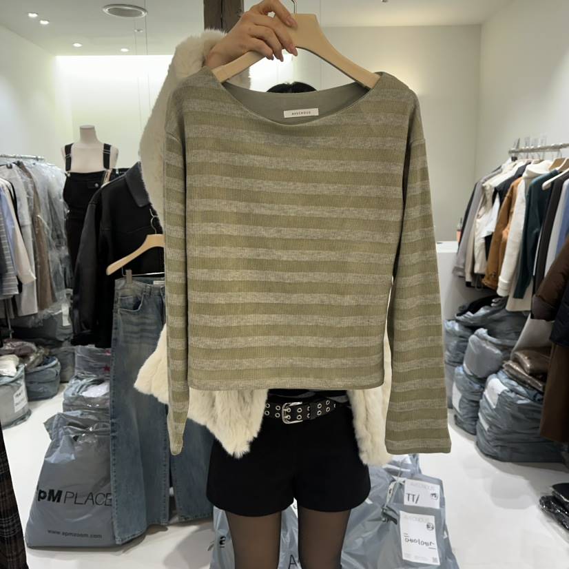 AVECNOUS韓國代購㊣女士新款真品休閑25秋冬熱賣長袖T恤露肩AVECNOUS長袖T恤