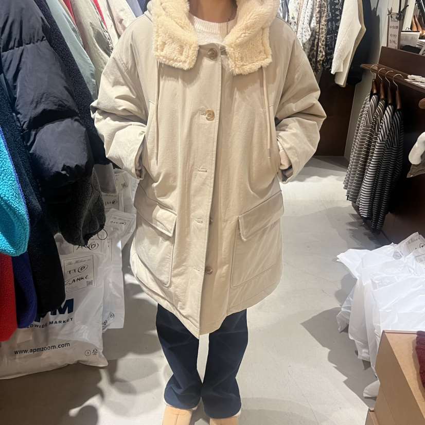 HEBON東大門㊣代購女裝新款休閑熱賣中長款大衣連帽衫羊毛夾棉HEBON中長款大衣