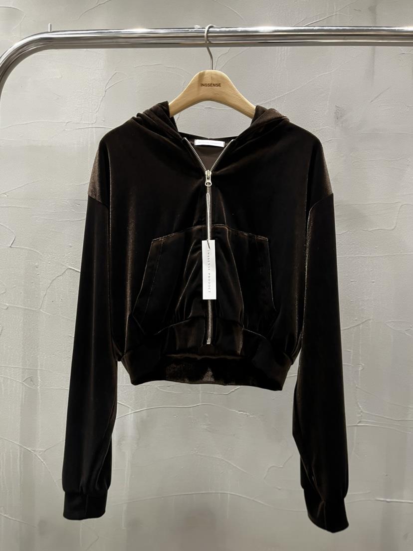 INSSENSE-A韓國直郵㊣女士新品25秋冬夾克天鵝絨連帽拉鏈連帽拉鏈衫INSSENSE-A夾克