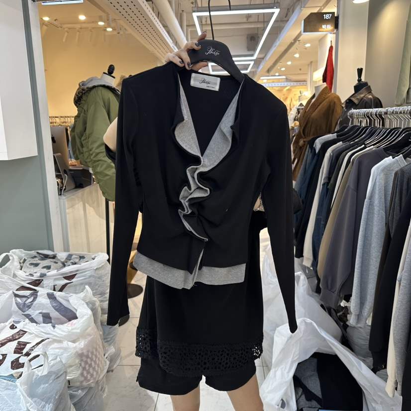 BAKHA-衣服東大門㊣直郵女裝新品時尚長袖T恤假兩件荷葉邊BAKHA長袖T恤