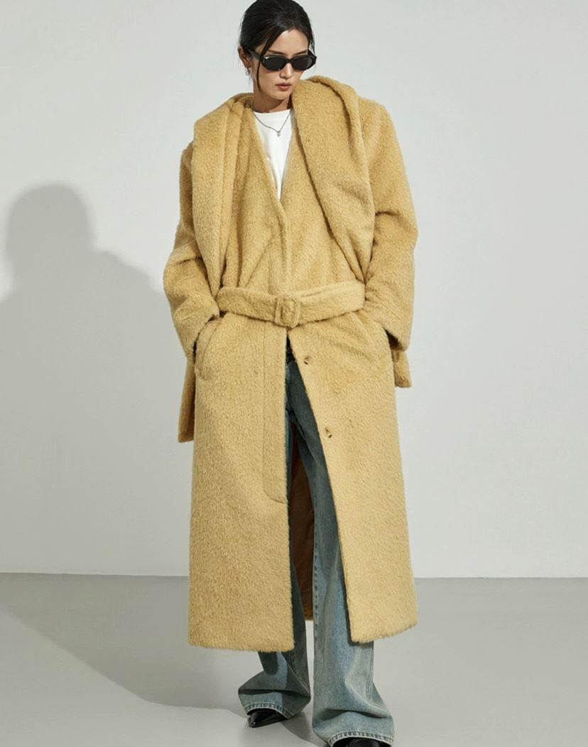 ONEBYTWO東大門㊣代購女士新款人氣中長款大衣含腰帶圍巾連帽ONE BY TWO中長款大衣