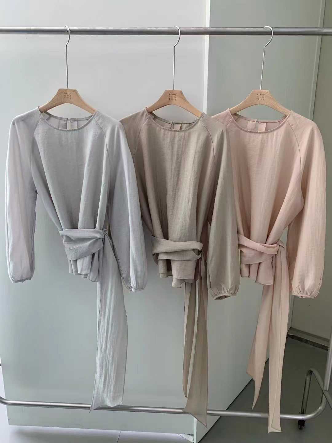 PYT-ot韓國代購㊣女士新品休閑職業推薦人氣襯衫蕾絲衫含腰帶pretty young thing襯衫/蕾絲衫