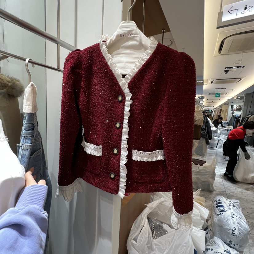 BY FLOW韓國直郵㊣女士新品熱賣25秋冬休閑夾克粗花呢蕾絲BY FLOW夾克