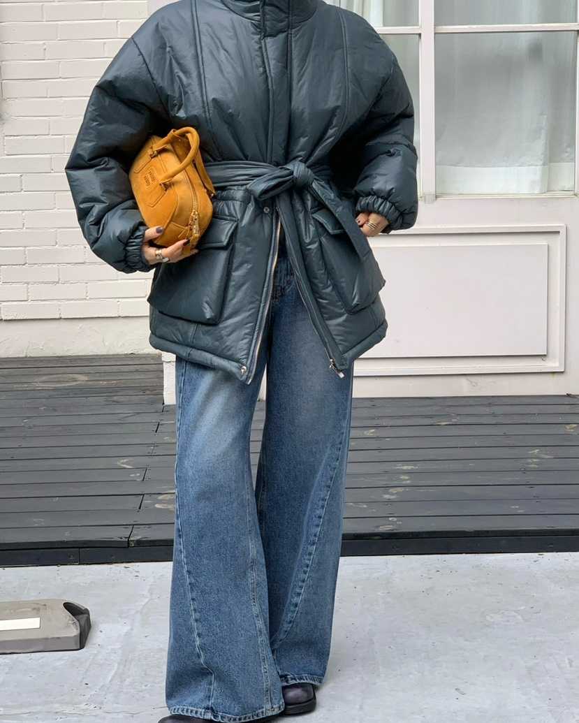 REVE CITE-L東大門㊣代購女士新款推薦休閑短款棉服含腰帶REVE CITE短款棉服