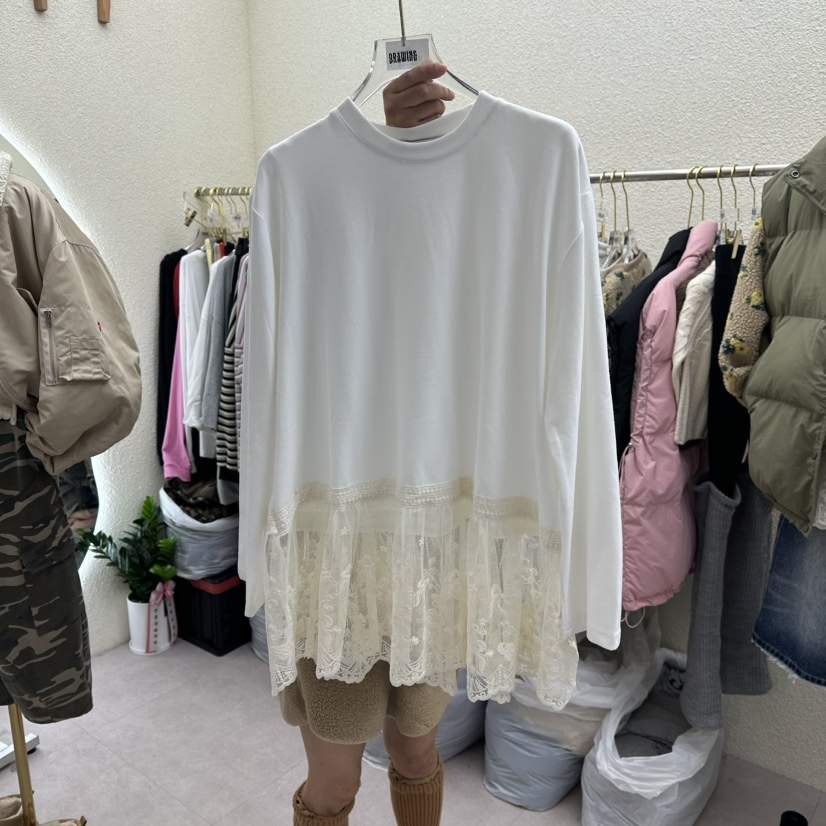 DRAWING韓國代購㊣女裝新款熱賣25秋冬人氣休閑長袖T恤蕾絲花DRAWING長袖T恤