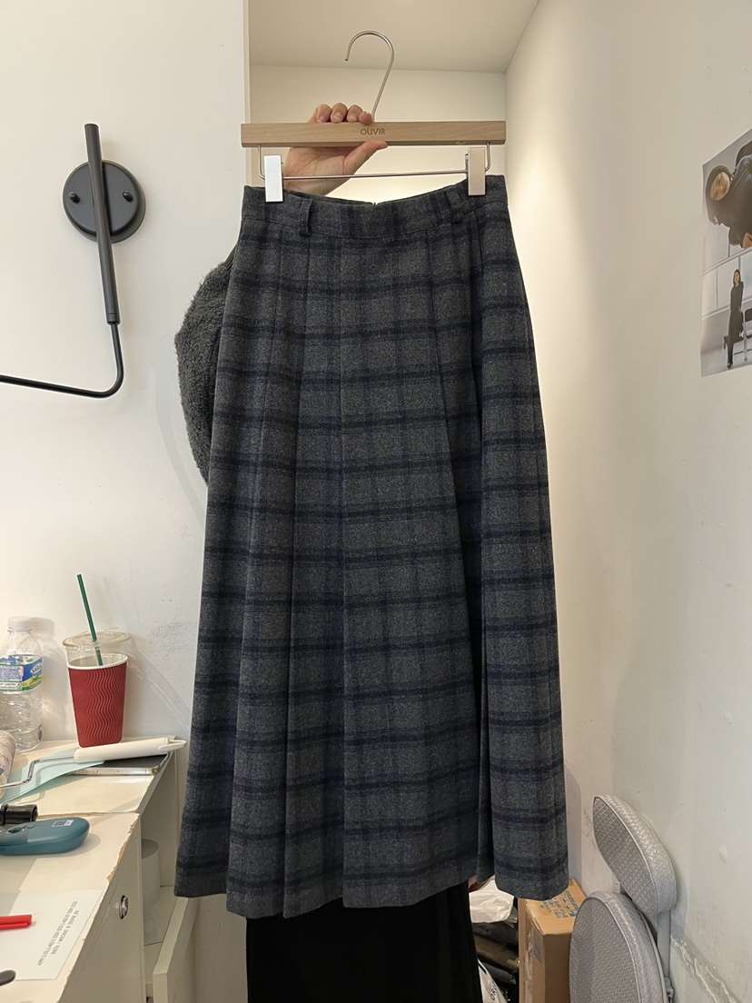 OUVIR東大門㊣實拍女士新品時尚休閑熱賣長裙羊毛格紋百褶褶裙O.V.R/OUVIR長裙