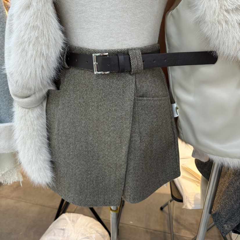 LULULALLA東大門㊣實拍女士新品熱賣休閑裙褲不含腰帶人字紋LULULALLA裙褲